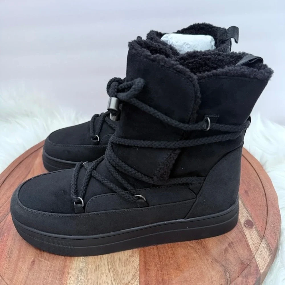 MIA Disa Black Women 7.5M Faux Suede Faux Fur Lined Platform Lace Up Boots NEW